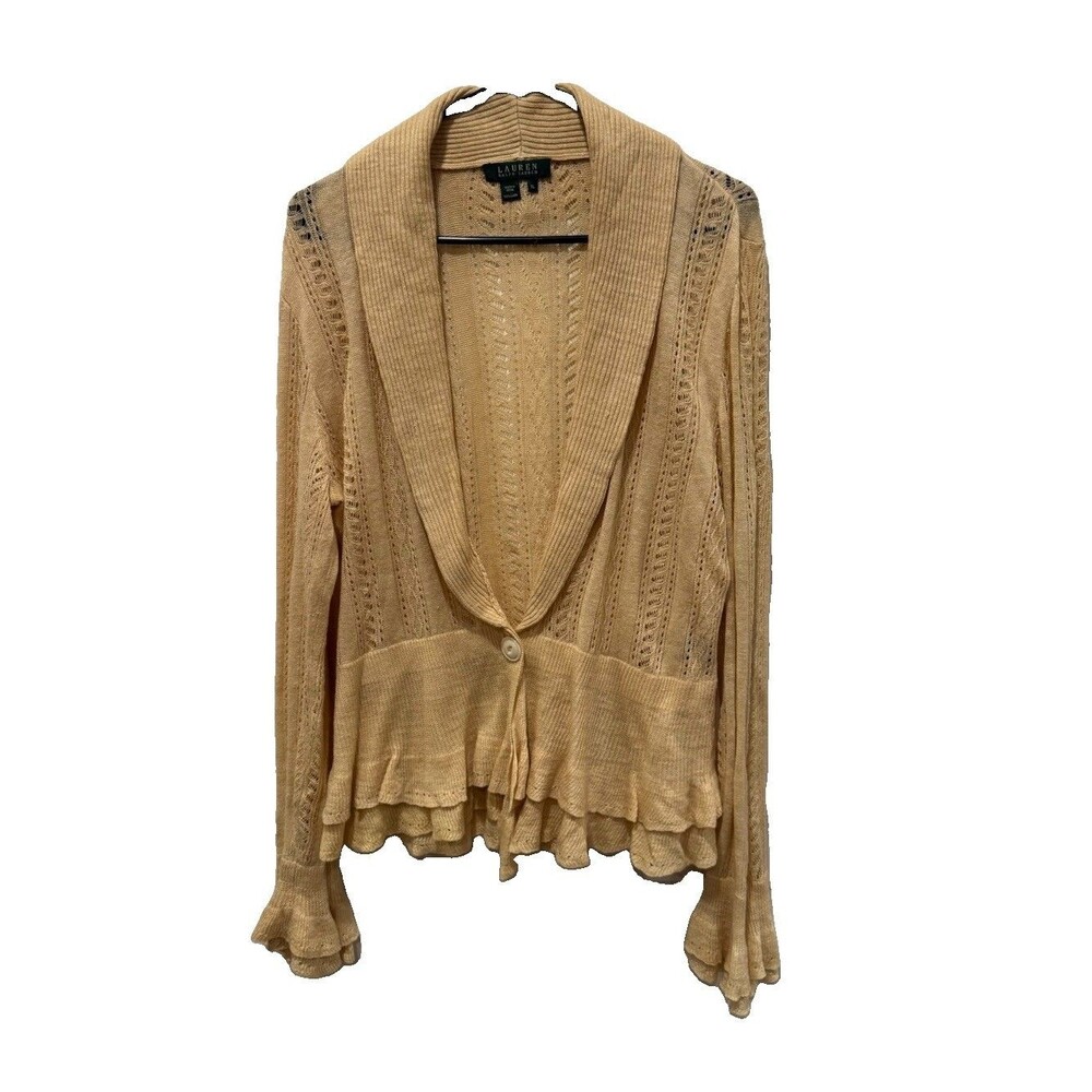 Ralph Lauren Tan Crochet Linen Cardigan Women’s Size XL Ruffle Hem Fairy - Picture 3 of 10